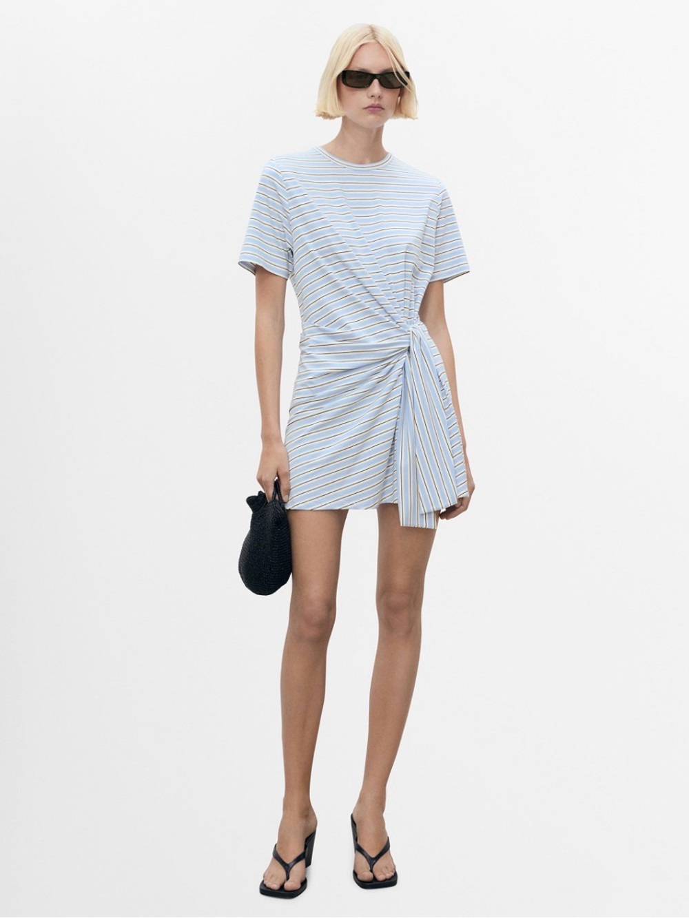 MANGO Blue White Striped Knot Waist Short Sleeve Mini Dress M